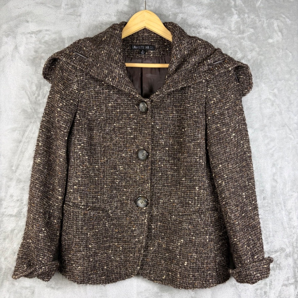 Lafayette 148 Womens Jacket Alpaca Wool Blend Brown Tweed Button Size 8 Luxury